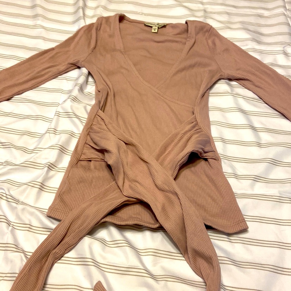 Express One Eleven Ribbed Surplice Tie Front Top